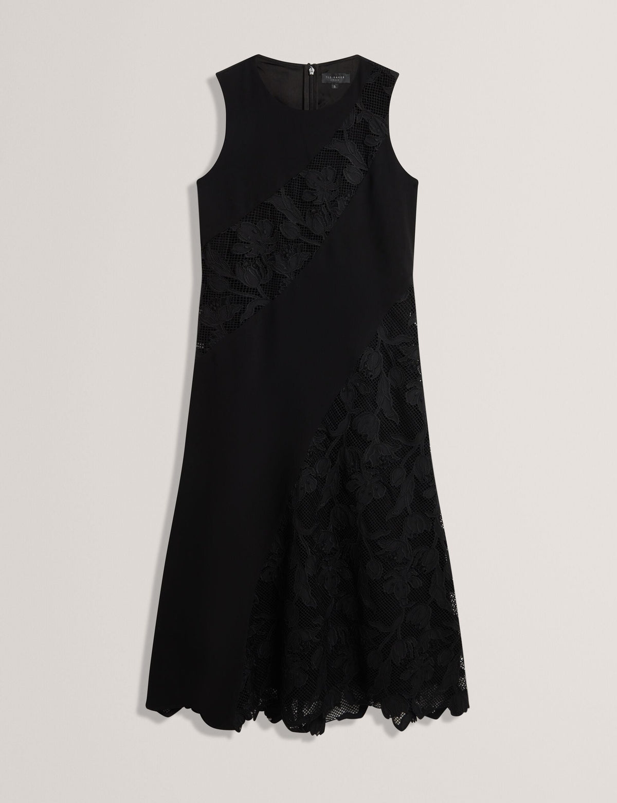 SLEEVELESS LACE APPLIQUE MIDI DRESS | RICH BLACK
