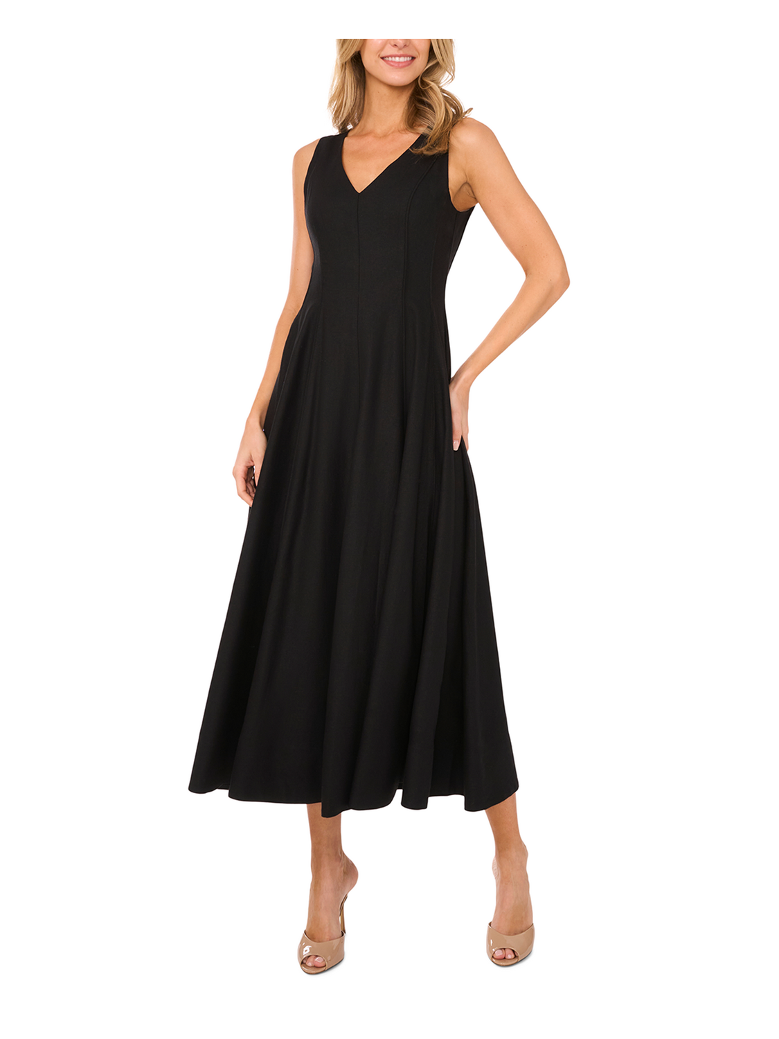  SLEEVELESS V-NECK PLEATED MAXI DRESS | RICH BLACK