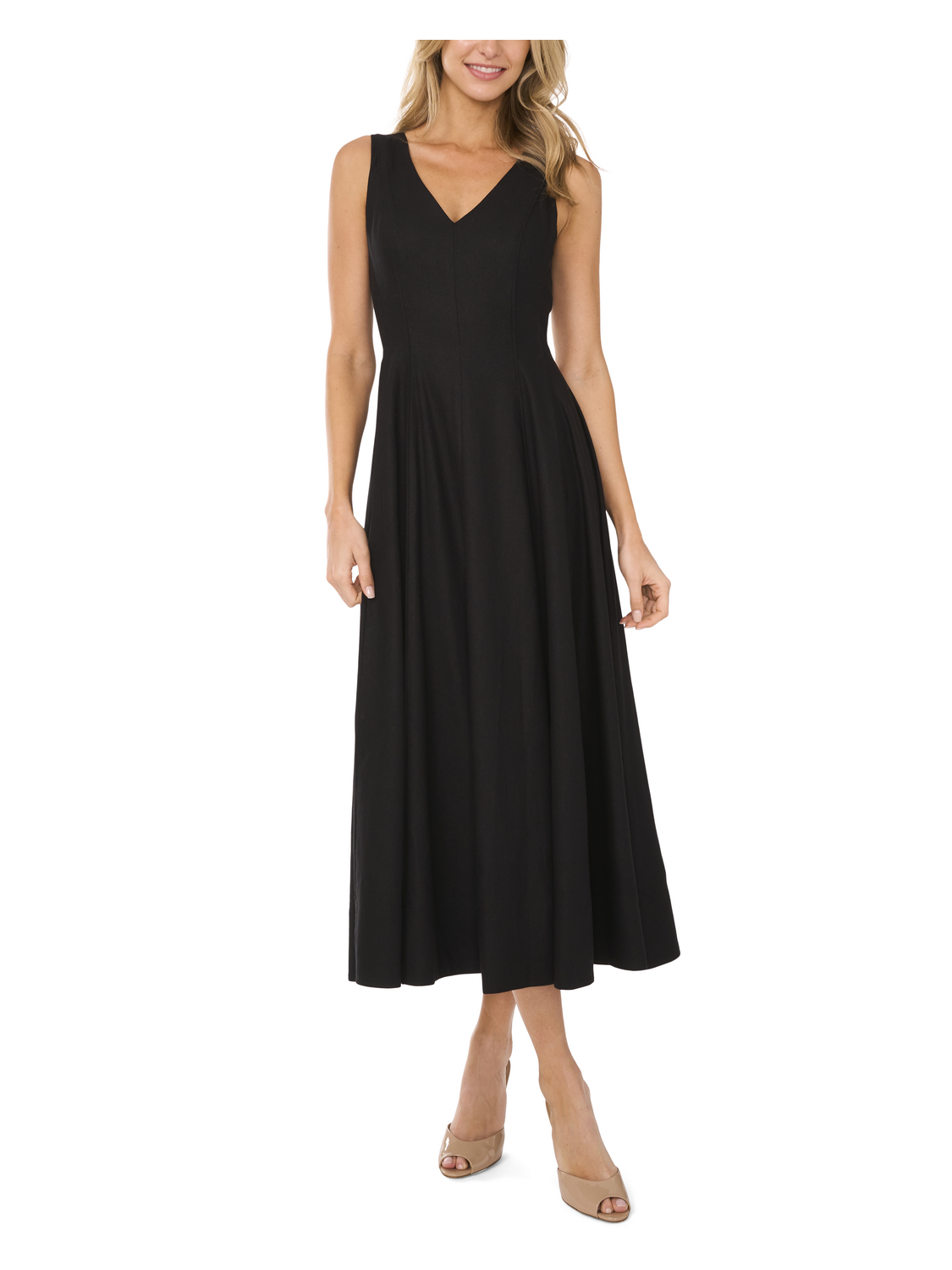  SLEEVELESS V-NECK PLEATED MAXI DRESS | RICH BLACK