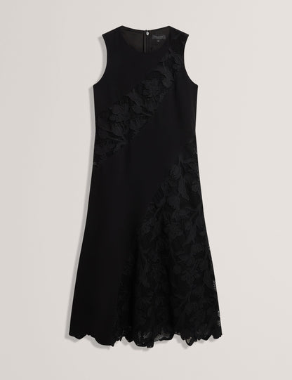  SLEEVELESS LACE APPLIQUE MIDI DRESS | RICH BLACK