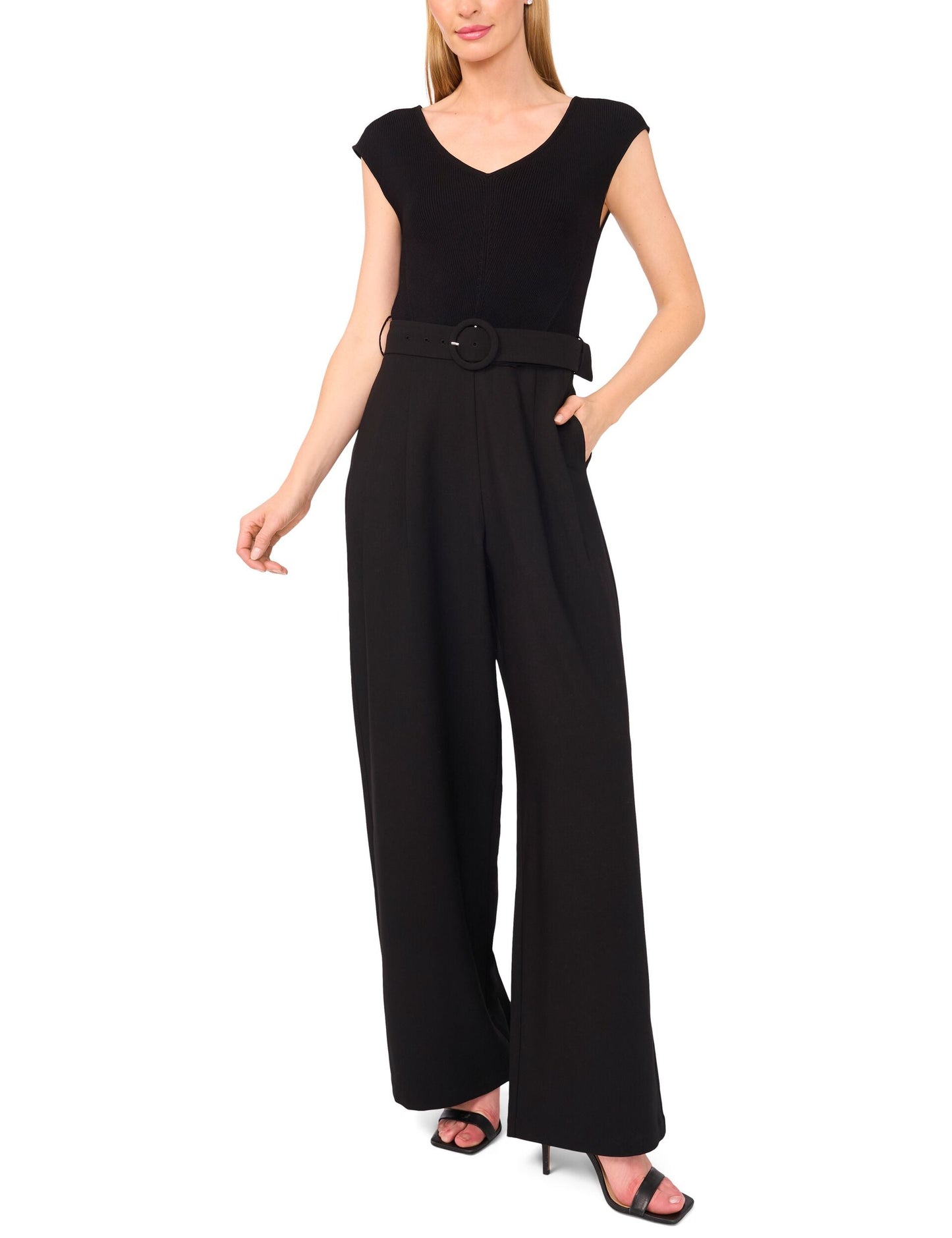  V-NECK JUMPSUIT WITH WOVEN BOTTOM | RICH BLACK