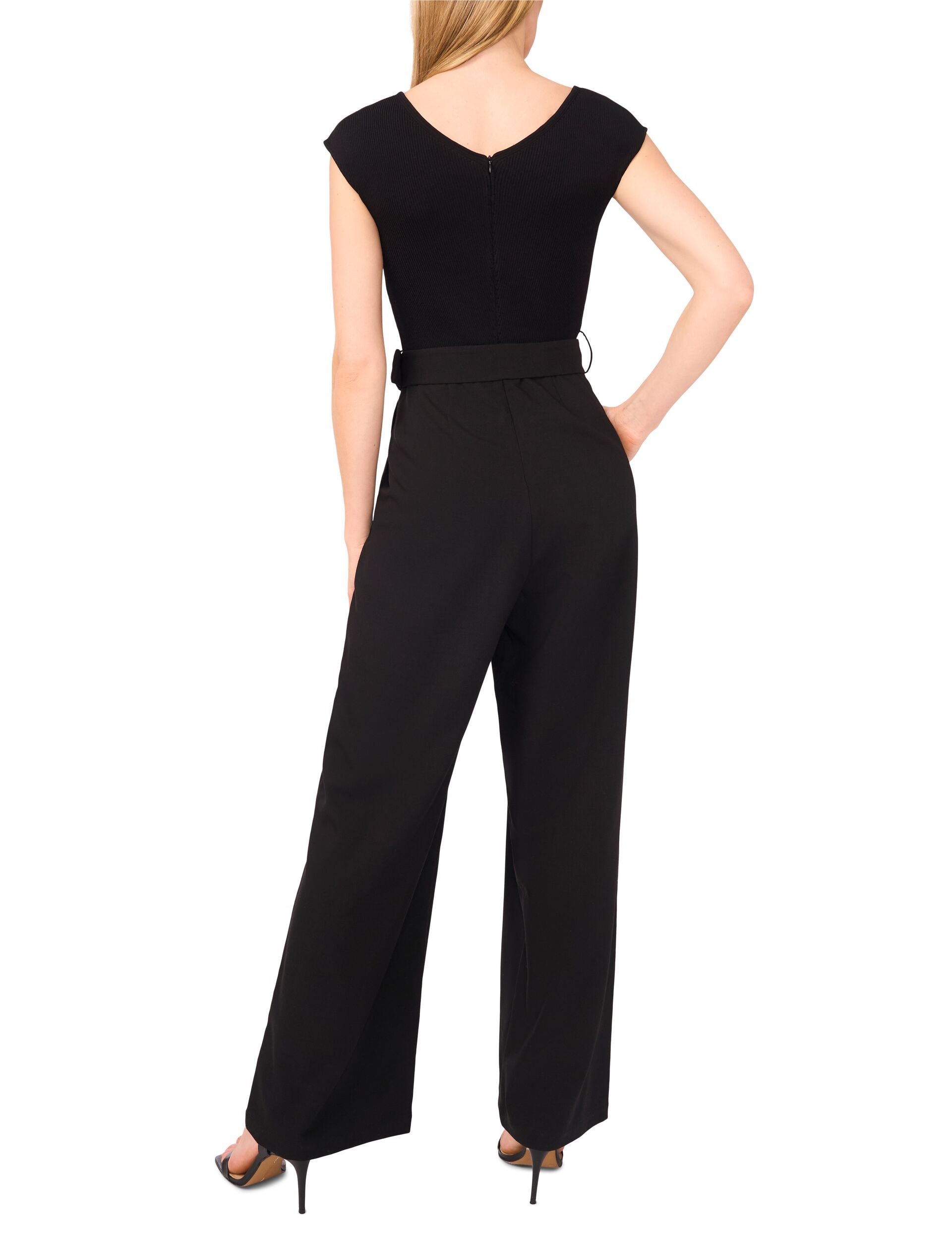  V-NECK JUMPSUIT WITH WOVEN BOTTOM | RICH BLACK