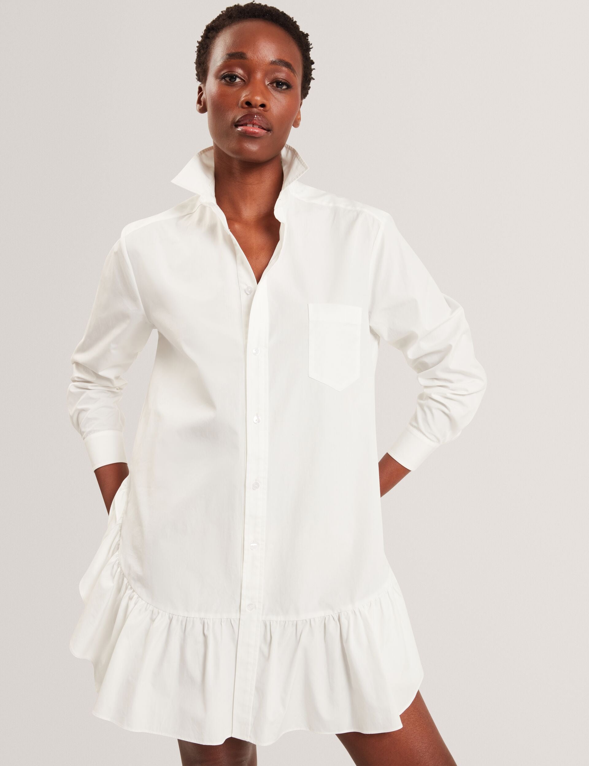  LONG SLEEVE RUFFLE SHIRT DRESS | ULTRA WHITE