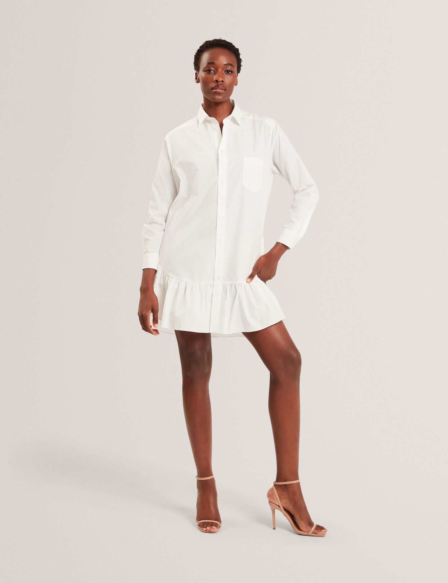  LONG SLEEVE RUFFLE SHIRT DRESS | ULTRA WHITE